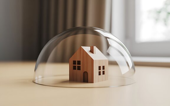 Miniature house under clear dome on table representing safety and insurance concept.