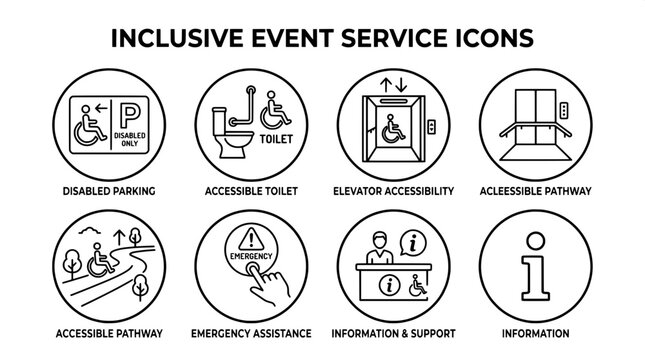 Inclusive event service and facility accessibility pictogram icons with inclusive accessibility elevator emergency information disability wheelchair pictogram facility building opportunity