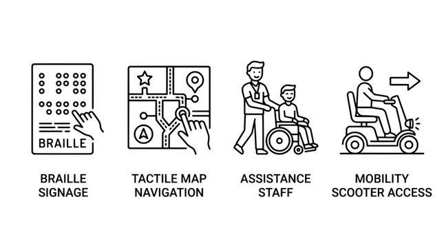 Braille signage and accessible navigation support icons with navigation assistance mobility accessibility inclusive disability wheelchair building facility pictogram opportunity orientation
