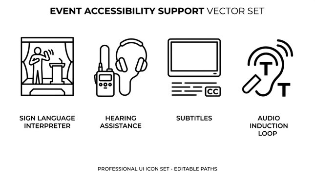 Event accessibility support vector icon set for inclusive communication with sign language induction loop accessibility inclusive communication disability subtitles interface management