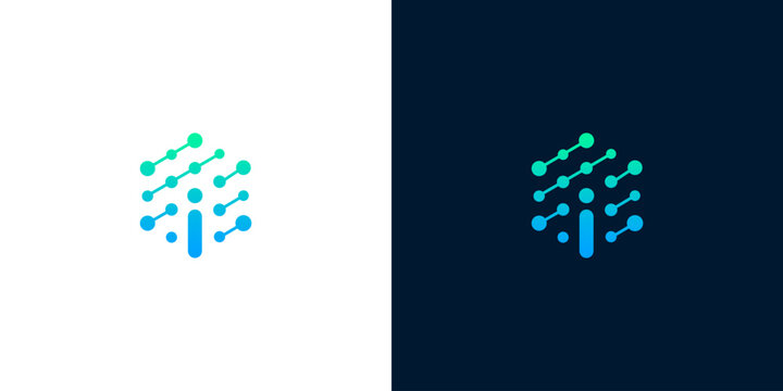 Letter I Tech Network Logo Design with Hexagonal Digital Node Connections