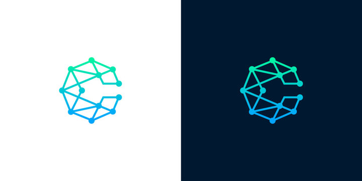 Letter C network technology logo icon with connected dots and lines concept