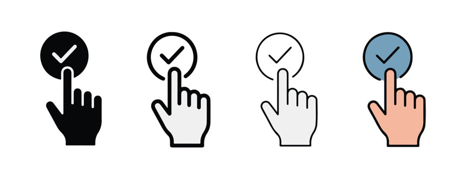 Hand icons with checkmark buttons for website interface design  various hand gestures interacting with digital checkmark icons