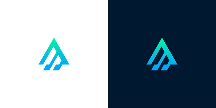 Abstract geometric letter A logo icon design template with tech arrow gradient style on white and dark background
