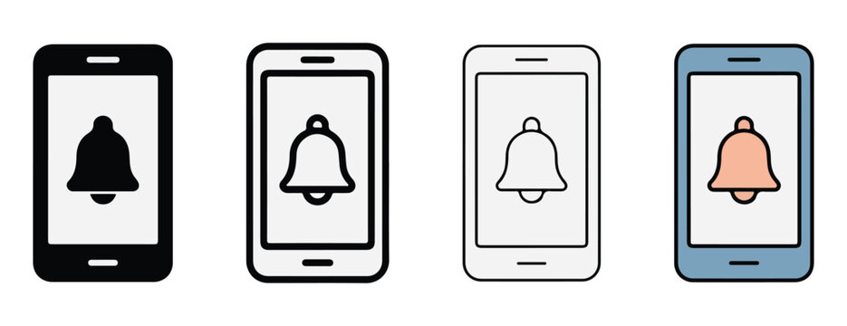 Mobile phones with notification bells on screens  various colored phone icons