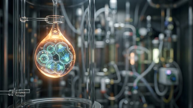 Glowing microscopic cells dividing in a glass laboratory vessel for research