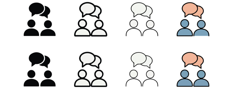 People talking icons in different colors and styles for communication and teamwork concepts  various speech bubbles and silhouettes of two people