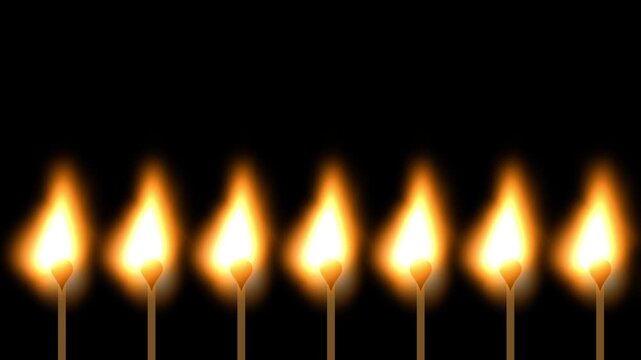 A row of lit matchsticks with small golden flames aligned in a horizontal line on a dark background creating repetitive fire pattern