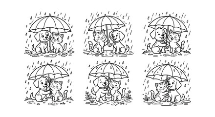 Obraz premium Dog and cat under umbrella black and white vector illustration pattern