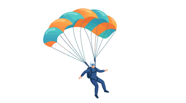 Illustration of a skydiver descending with a colorful orange and blue parachute against a white background