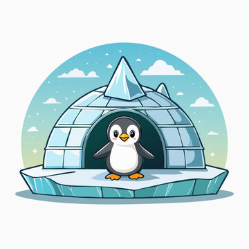 Cute cartoon penguin in front of an igloo on ice