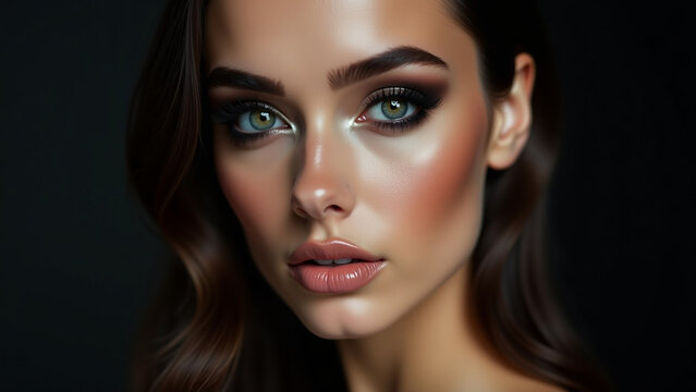Licked brunette hair subtle iteration highlight on cheekbones flawless skin texture dark mysterious background shallow
