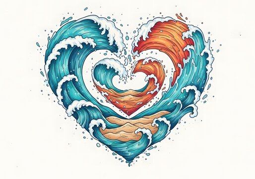 Heart wave, ocean wave heart, love sea waves, colorful heart shape