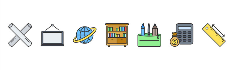 Fototapeta premium Education tools icons featuring Chalk, Blackboard, Globe, Bookshelf, Pencil Case, Calculator, Ruler for classroom use.