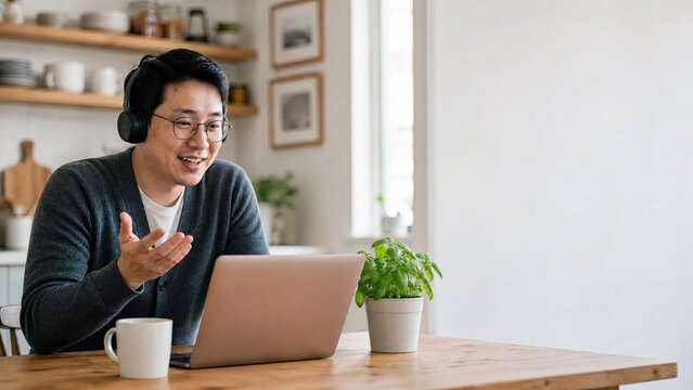 Generative AI, Asian man with glasses smiling on video call at kitchen table with headphones