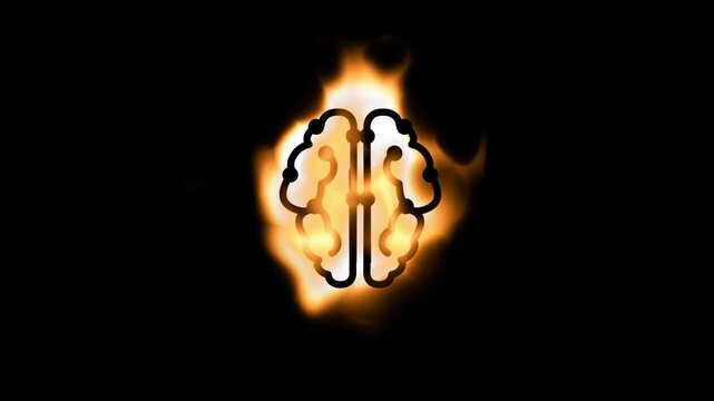 A human brain icon surrounded by glowing fire and flames representing knowledge passion or intense mental energy and burning intellect