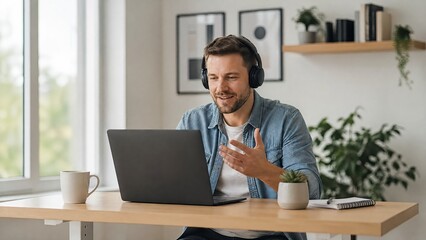 Fototapeta premium Generative AI, Caucasian man in denim shirt smiling on video call with headphones at home office