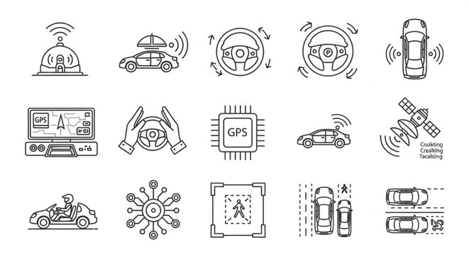 Smart vehicle autonomous driving technology line art vector icon set with self driving car autopilot navigation and radar sensor symbols