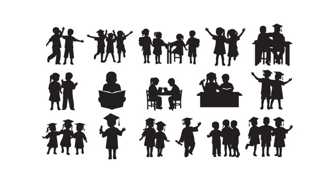 School children silhouettes featuring graduation study and group activities for academic and educational project design.