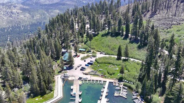 Echo Lakes and summit with desolation wilderness taken from a aerial point of view. The burn scars from the 2022 Caldor fire are evident and the forest hasn&rsquo;t recovered yet. Views also of  Lake Tahoe.