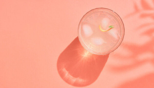 Overhead flat lay of a chilled summer refreshing cocktail in a crystal clear glass with melting ice cubes on a soft coral background