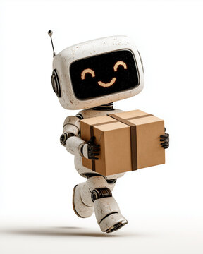 Friendly robot delivering package: A cute, stylized robot with a happy face and antennae carries a cardboard box, running forward with a friendly demeanor.