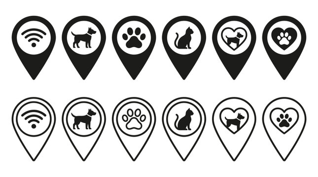 A collection of black and white vector map pins featuring various animal and wifi icons