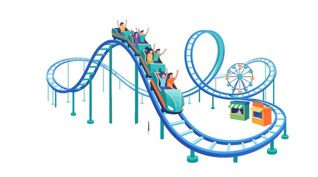 People having fun on a roller coaster ride in an amusement park isometric vector illustration