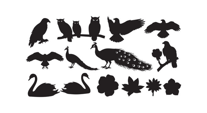 Set of bird and flower silhouettes including eagles owls peacocks swans and abstract floral shapes for design.
