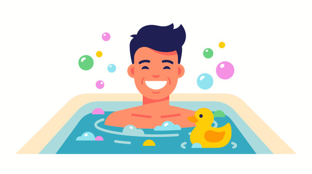 Cheerful Man Enjoying a Bubble Bath with Rubber Duck