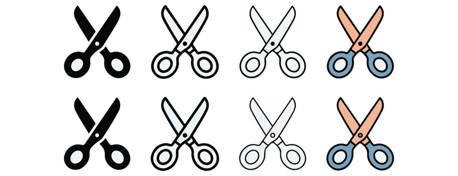 Various scissor icons in different colors and styles for cutting and crafting  office and household tools