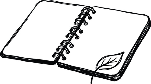 Open spiral notebook with leaf sketch black and white line drawing