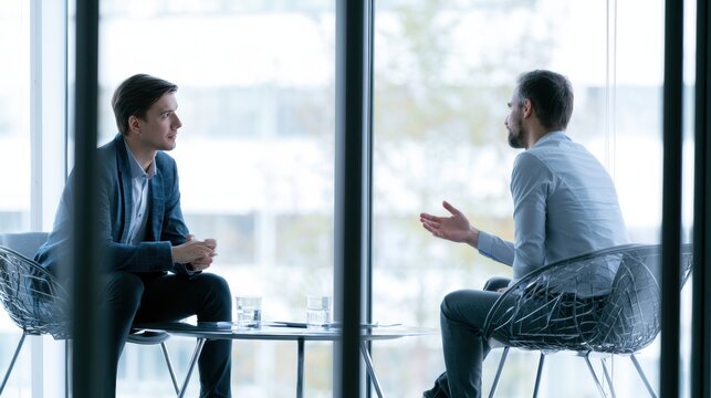 Realistic corporate meeting, two professionals sitting on the side of the frame, discussing strategy in a well-lit modern office, natural daylight, subtle tech elements, neutral white tones, high-qual