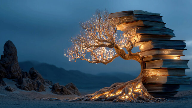 Tree formed from stacked books with glowing branches and roots growing in surreal landscape representing organic knowledge growth, personal development and continuous learning through digital
