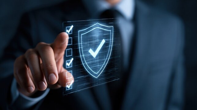 Businessman's hand interacts with a glowing blue digital shield icon featuring a large checkmark, indicating.