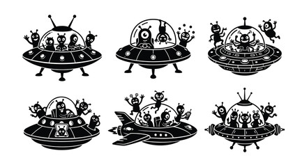 Ufo Silhouettes With Aliens Black Vector Illustration On White Background © Nayem