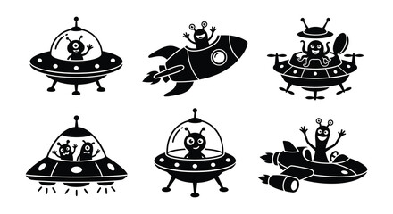 Ufo Silhouettes With Aliens Black Vector Illustration On White Background © Nayem