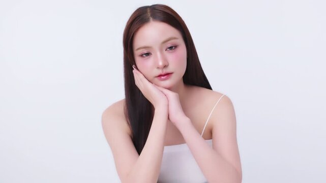 Beautiful young Asian woman with K beauty style makeup and perfect skin. Facial and skin care concept for commercial advertising.