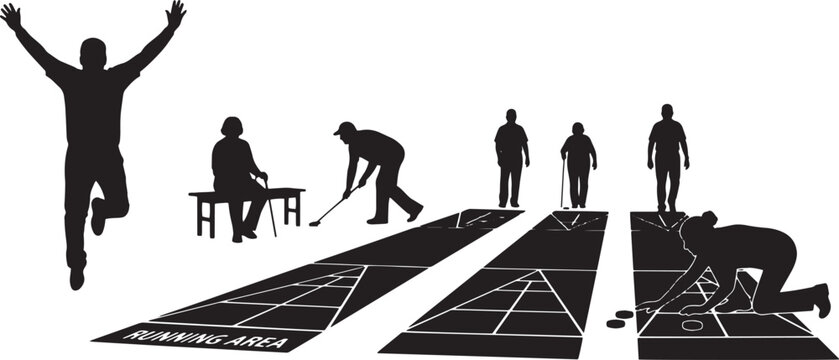 Silhouettes of people playing bocce ball in a competitive sports court setting with a person celebrating a victory.
