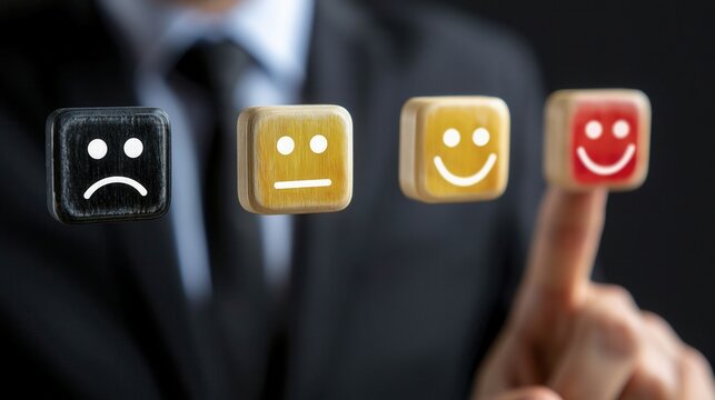 Businessman's finger touches a red happy emoji, representing customer satisfaction or positive feedback.