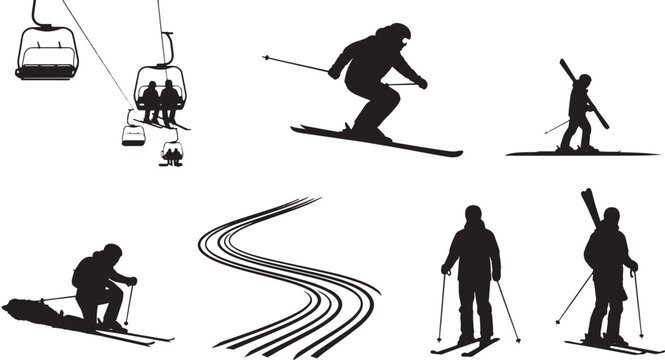 Set of black silhouettes featuring winter sports enthusiasts skiing and riding a ski lift isolated on white background.