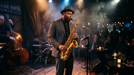 Obraz premium Captivating Jazz Performance: A soulful saxophonist commands the stage in a smoky jazz club, accompanied by a bassist and drummer, creating an intimate and electrifying atmosphere for the audience.