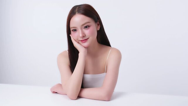 Beautiful young Asian woman with K beauty style makeup and perfect skin. Facial and skin care concept for commercial advertising.