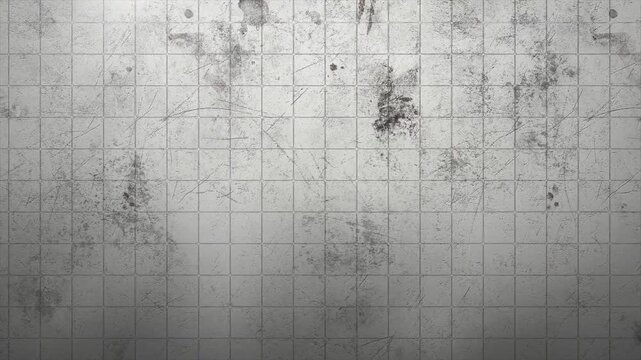 Dirty white tiled wall texture background, grunge ceramic surface with scratches and stains, aged industrial backdrop, realistic 4k motion background