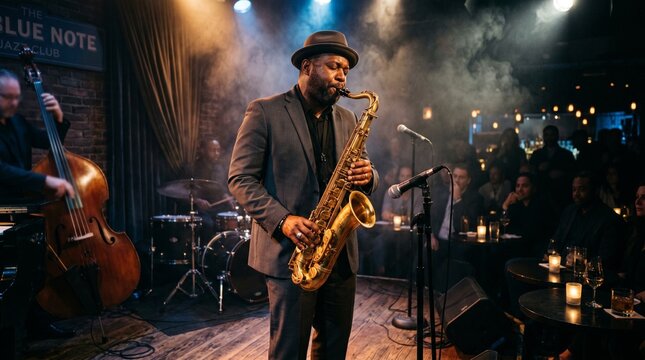 Captivating Jazz Performance: A soulful saxophonist commands the stage in a smoky jazz club, accompanied by a bassist and drummer, creating an intimate and electrifying atmosphere for the audience.