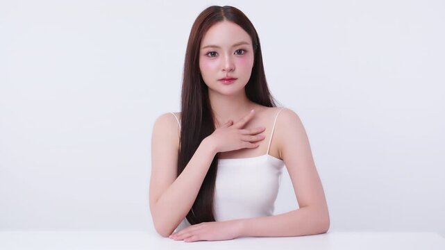 Beautiful young Asian woman with K beauty style makeup and perfect skin. Facial and skin care concept for commercial advertising.