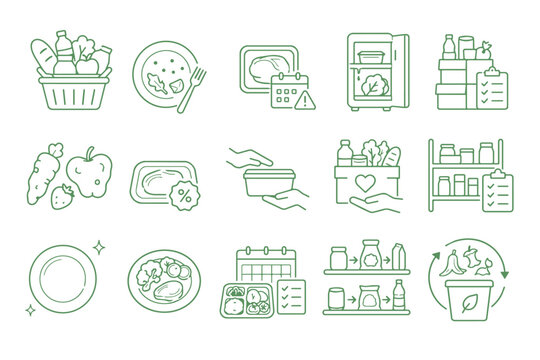 Food Loss and Food Waste Reduction Outline Icon Set