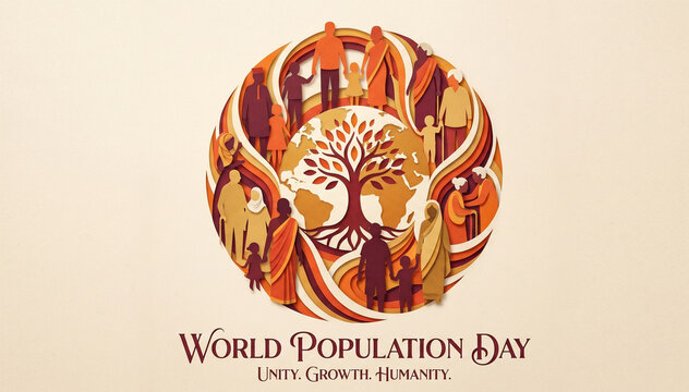 World Population Day Circular Awareness Badge with Diverse People and Global Sustainability Theme