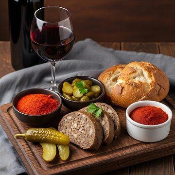 Rustic wooden board with Hungarian Kolb�sz, served with spicy paprika, pickles, and hearty bread, a glass of red wine in the background, top view, high detail.