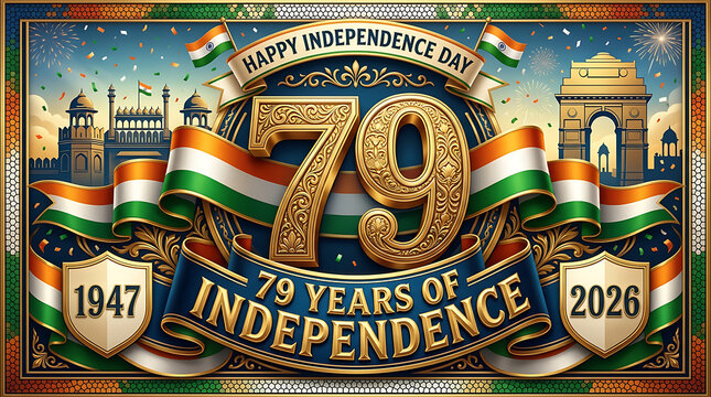 Celebration of India's 79th Independence Day with patriotic symbols and cultural landmarks reflecting national pride and history